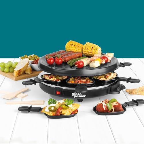 Giles & Posner EK4511G Electric Round Non-Stick Raclette Grill - Indoor Tabletop 6 Person Raclette, Non-Stick Grill Pans, Includes Spatulas, Approx. Plate Size 29 cm, 800 W, Party Food Machine, Buffet