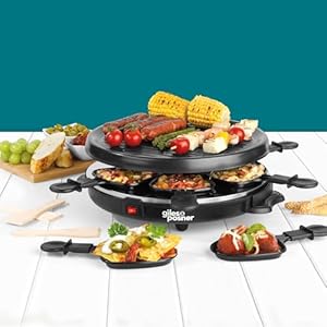 Giles& Posner EK4511G Electric Round Non-Stick Raclette Grill – Indoor Tabletop 6 Person Raclette, Non-Stick Grill Pans, Includes Spatulas, Approx. Plate Size 29 cm, 800 W, Party Food Machine, Buffet