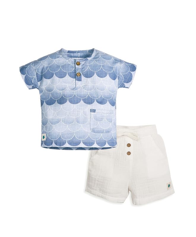Mason Baby Boys Drop Shoulder Shirt & Cotton Double Cloth Shorts Set | 100% Cotton Soft Breathable Summer Outfit | Blue Printed Half Sleeve Shirt with White Shorts | Clothing Set (6M–4Y)-image-1