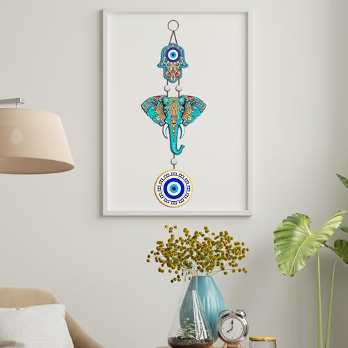 Image of GENXTRA Luxury Designer Elephant Ganesha Evil Eye Wooden Wall Hanging for Luck & Prosperity | Home Decoration | Living Room | Spiritual Decor Items | Ethnic Wall Art | Nazar Protection Hanging