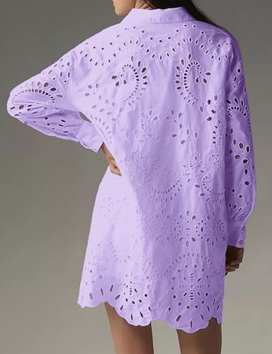 Image of CHARTOU Women Eyelet Lace Dress Button Down Shirt Loose Fit Summer Casual Mini Dress