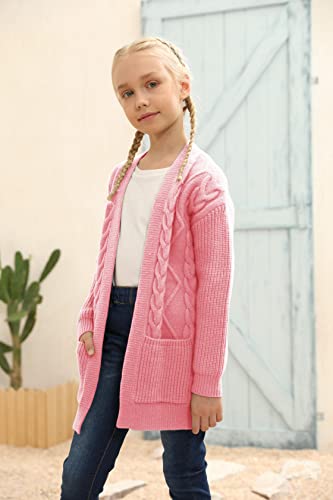 Image of Ermonn Girls Kids Open Front Cardigans Sweaters Long Sleeve Knit Cute Sweater Outwears with Pockets for 5-14 Years Pink
