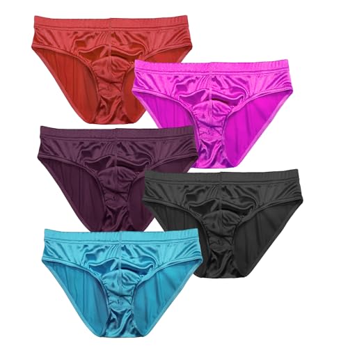 MIERSIDE Men's Soft Silky Satin Low Rise Briefs Wide Waistband Basic Bikini Underwear 5 Pcs/pack