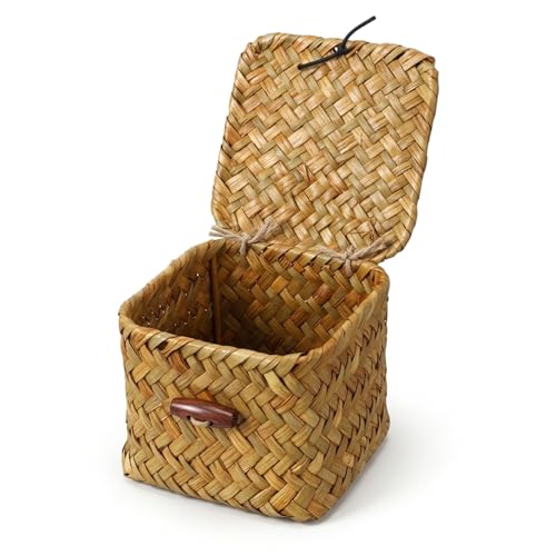 Panier de rangement avec couvercle en jonc de mer naturel tissé à la main pour étagères, collations, serviettes