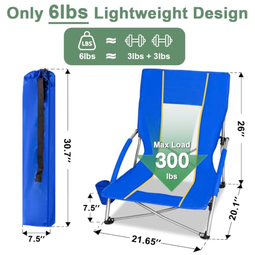 Romswi Silla de Playa Baja para Adultos Pack de 2, Silla Plegable Ligera con Respaldo de Malla Transpirable y Porta Vasos, Sillas Portátiles Compactas para Camping, Capacidad 300 lbs, Azul miniatura 3