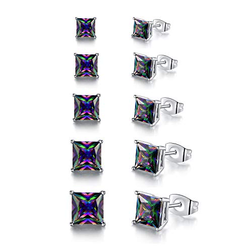 Men Earrings Set Square Rainbow Quartz Stud Earrings 18K White Gold Plated Hypoallergenic Jewelry for Women 5 Pairs