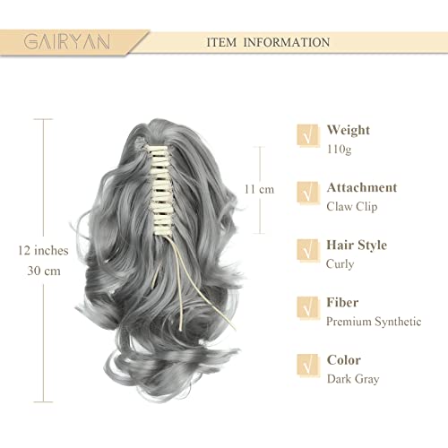 Gairyan 12" Clip in Ponytail Hair Extensions Curly Ponytail Extension Claw on Pony tails Wavy Synthetic Hairpieces for Women Real Look Short Wave (Dark Gray) - Image 2