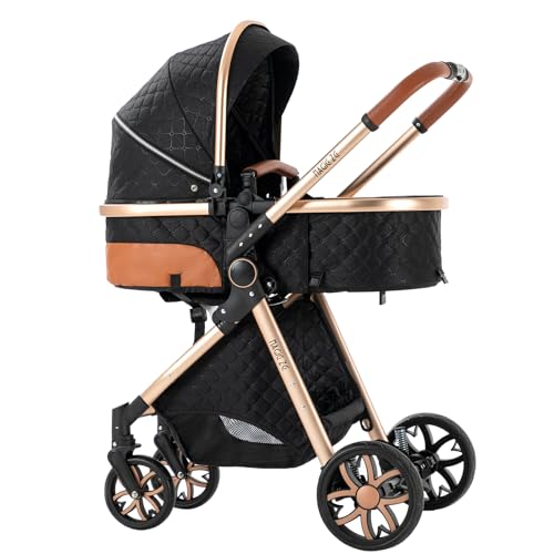 Sianldcone Kinderwagen 3 in 1, Hochwertige Stoffe Kinderwagen Set, Zwei-Wege-Schiebefunktion Reisesysteme, Offene Sicht Kombikinderwagen 3 in 1 Komplettset (V9 Black)