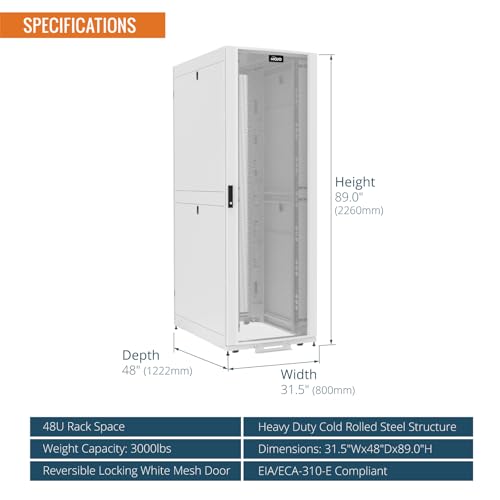 Image of Tecmojo 48U Server Rack Cabinet - PRE-Assembled 32inch Width 48inch Depth IT Network Equipment Cabinet Rack Enclosure with Casters - 3000lbs Weight Capacity, White