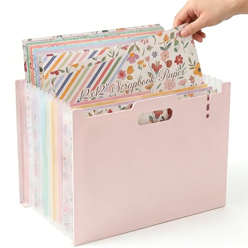 12x12 Scrapbook Paper Storage Organizer with 13 Expandable Pocket Large Scrapbook Storage for Craft Room Organization Sticker Storage Desktop Paper Holder (Pink)