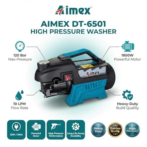 Image of Aimex Electric High Pressure Washer DT-6501, 1800W Powerful Motor, 120 Bar Pressure, 10L /Min Flow Rate, 10m Hose, Car Washer Machine for Car Bike Home Cleaning, High Pressure Jet Cleaner