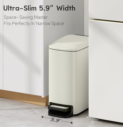 Image of TIPGO Small Bathroom Trash Can with Lid, 1.6 Gal, Soft Close, Cream | Foot Pedal, Soft Quiet Lid, 5.9'' Slim for Narrow Space, Stainless Steel, Anti-fingerprint, Removable Inner Bucket, Odor Seal