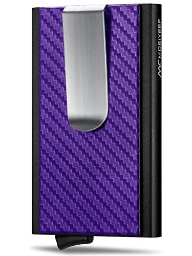 Image of MOSIYEEF Slim Leather Card Holder RFID Wallet for Men - Minimalist Pop Up Men Wallet with Money Clip-wrapped Compact Carbon Fiber Wallet for 6 Credit Cards - Gifts for Him, Lilac Purple