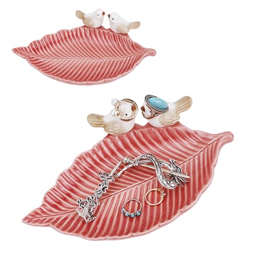 2Pcs Ceramic Jewelry Dish Trinket Dish, Bird Shape Trinket Tray Decorative Key Tray, Key Bowl Jewellery Coin Holder for Rings Earrings Necklaces, Room Decor for Christmas Thanksgiving Birthday (Pink)