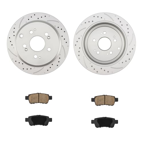 Image of KAX Rear Brake Kit, Drilled and Slotted Brake Rotors, Ceramic Brake Pads | Fits Honda Odyssey 2005 2006 2007 2008 2009 2010, Automotive Replacement Brake Kit