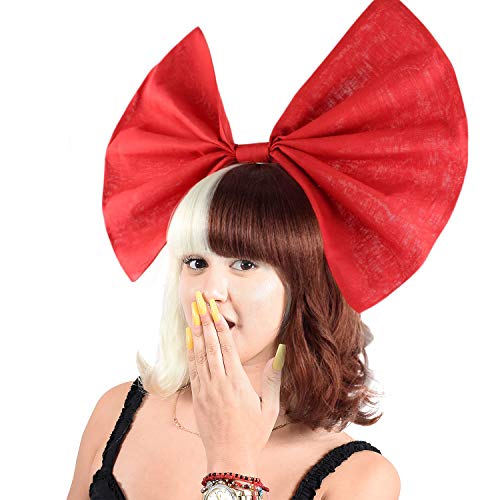 Bob Wig with Bangs Short Curly Hairpiece w/Removable Red Bow for Halloween Cosplay Costume, Blonde Brown