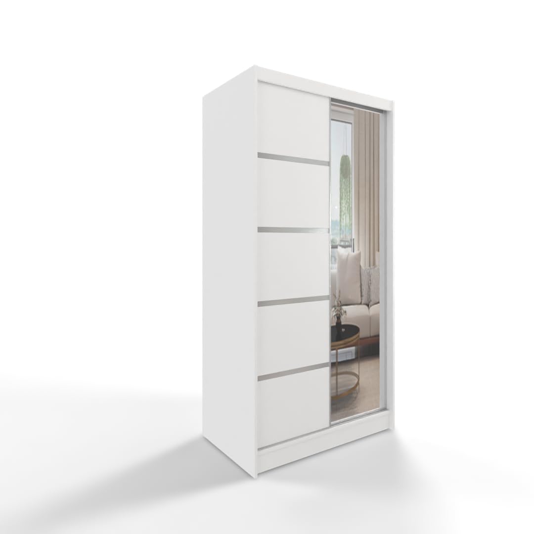 Moderno armadio scorrevole bianco con specchio, 100 cm, elegante armadio a 2 ante per camera da letto con asta appendiabiti, mobile salvaspazio per soggiorno nized