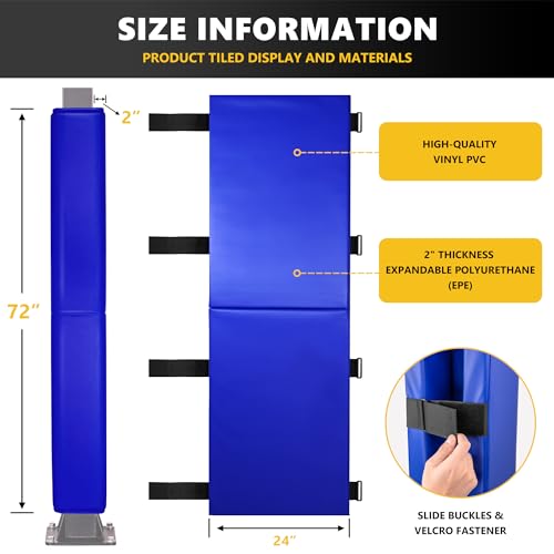 Image of 72 inch Tall Basketball Pole Pads, All-Weather Square Basketball Pole Padding Outdoor, 2 inch Thick Heavy Duty Wrap-Around Protective Pads for Fixed Height & Adjustable Basketball Hoop Poles