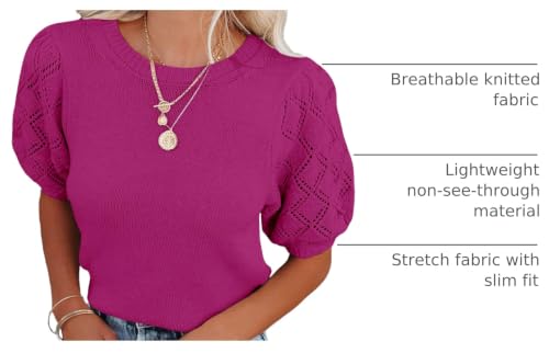 Image of Womens Short Sleeve Sweaters Crewneck Knit Pullover Tops 2025 Summer Casual Lightweight Crochet Blouse Shirt