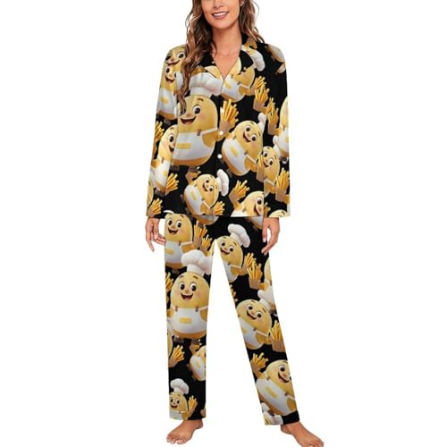 Conjunto de pijama de chef con papas fritas para mujer, de manga larga, con botones, suave, con bolsillo, Estilo:, M