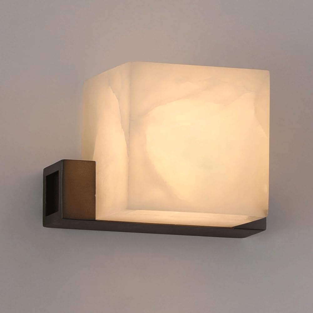HUAYUSEDF Alabaster Wall Sconce-Spanish Natural Marble Sconce Lighting Fixtures Square Stone Lights Vanity Hardwired Lamp for Bathroom Living Room Entryway Mirror