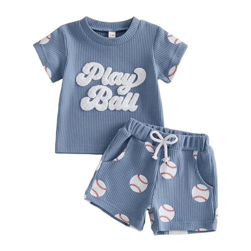 Image of Kupretty Toddler Baby Boy Clothes Summer Baseball Outfits Waffle Knit Play Ball Embroidery Crewneck T-shirt + Shorts Set