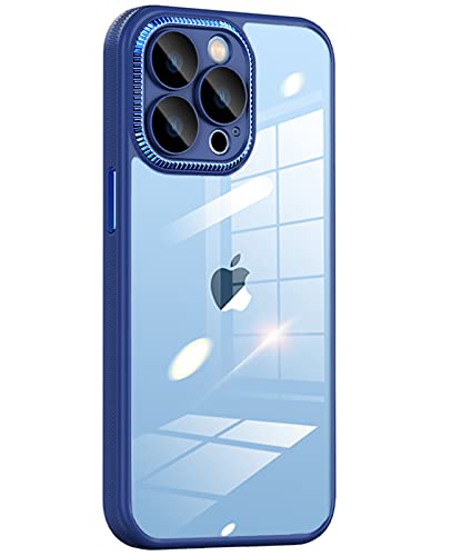 Donocao iphone 13 promax 用ケース クリア アクリル背面プレート シリコン耐衝撃 黄変防止 カメラカバー付き レンズ保護 薄型 防水防塵 指紋防止 かわいいアイフォンプロマックスケース ネイビーブルー