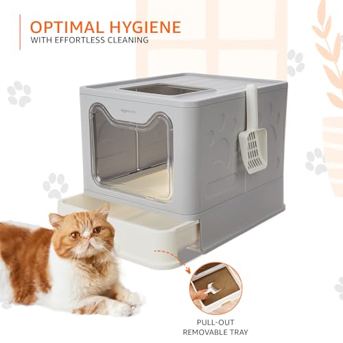 Image of Amazon Basics Foldable Covered Cat Litter Box with Anti-Spill Tray | Easy Cleaning | Spacious Design | Top and Side Openings | White | 44L x 41w x 38H cm