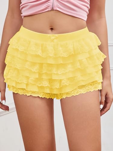 Image of Women Y2K Lace Multi-Layered Bloomers Lolita Ruffle Shorts Cute Mini Skirt | Tiered layers, elastic waist, pumpkin pants, for rave party /country concert /festival
