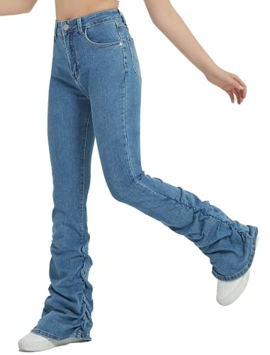 Image of EXARUS Girls Stacked Flare Jeans High Waisted Denim Bell Bottom Bootcut Casual Kids School Ruch Pants with Pockets 8-14Y