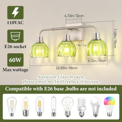 Image of Ralbay Vintage Vanity Lights Bathroom Light Fixture Over Mirror for Bath Brushed Nickel Modern Wall Sconces with Green Crystal Glass Shade for Bedroom,Living Room,Hallway(3-Light)
