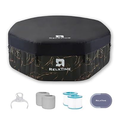 6-Person Octagonal Black Gold Inflatable Hot Tub: Portable Outdoor Spa with 130 Soothing Bubble Jets, Insulated Cover, 2 Filter Cartridges