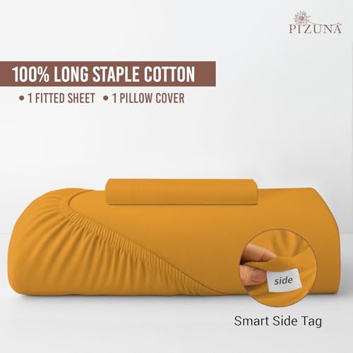 Image of Pizuna 100% Cotton Fitted Bedsheet Single Bed 400 Thread Count Long Staple Cotton Sateen Fitted Bedsheet 40x78 Inch with 1 Pillow Cover, Honey Gold Elastic Fitted Bedsheets Single Bed fits 12 Inch