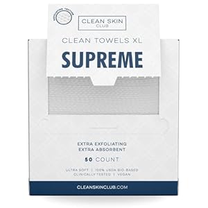 Clean Skin Club Clean Towels XL Supreme, 100% USDA Biobased Dermatologist Approved Face Towel, Gentle Exfoliation, Disposable Facial Washcloth, Makeup Remover Dry Wipes, 50 Count