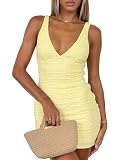 Picture of ZREQV Bodycon Dresses for Women Summer Sexy V Neck Sleeveless Backless Vacation Going Out Mini Dress Light Yellow XL