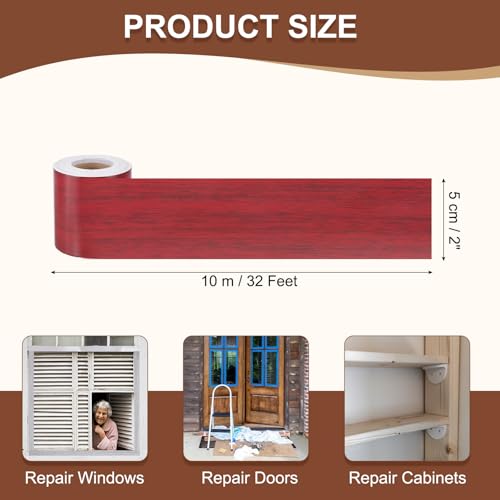 Image of MECCANIXITY Wood Grain Repair Tape, 2 Inch x 33 Feet Self Adhesive Wood Grain Tape Multi-Purpose Wallpaper Border Trim for Furniture Floors Windows Doors Tables Home DIY Projects, Red
