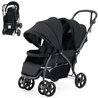 FANTASK Geschwisterwagen klappbar, Zwillingswagen mit verstellbarer Rückenlehne & Verdeck, für Baby ab 6 Monate, 30 kg Belastbar (Schwarz)