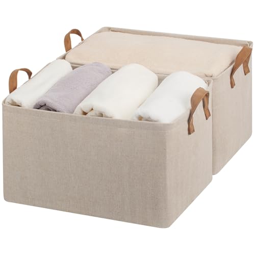 StorageWorks Storage Bins, Fabric Storage Bins for Shelves, Extra Large Storage Baskets with Metal Frame, Closet Baskets and Bins with Handles, Jumbo, Brown and Beige, 2-Pack