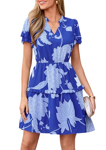 Image of PRETTYGARDEN Womens Summer Floral Beach Dresses | Boho Flower Print, V Neck Ruffle Short Sleeve, Fashion High Waisted, Flowy A Line Mini Dress, Casual Vacation & Party Wear
