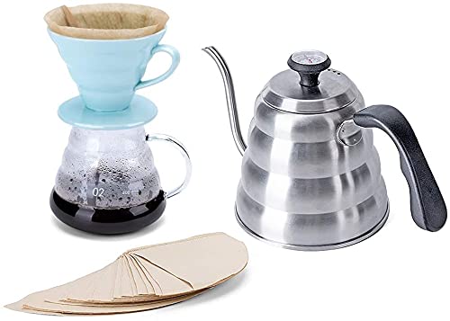Pour Over Coffee Maker Set - Includes Coffee Carafe Pour Over Coffee Kettle with Thermometer (1.2L up to 40 oz.), V60 Paper Coffee Filter, Coffee Dripper and Coffee Server