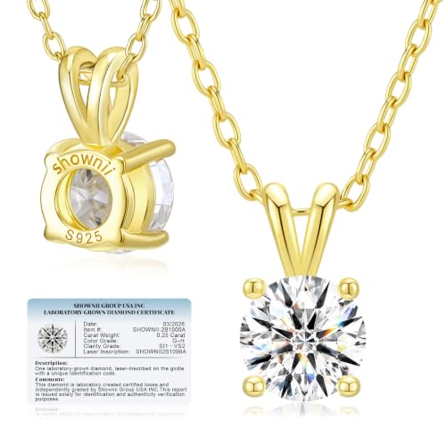 shownii Diamond Necklace Certified LAB GROWN 0.25CT Round Diamond Necklaces for Women 10K Yellow Gold Plated Sterling Silver 4 Prong Solitaire Pendant Jewelry (G-H Color SI1-VS2 Clarity)