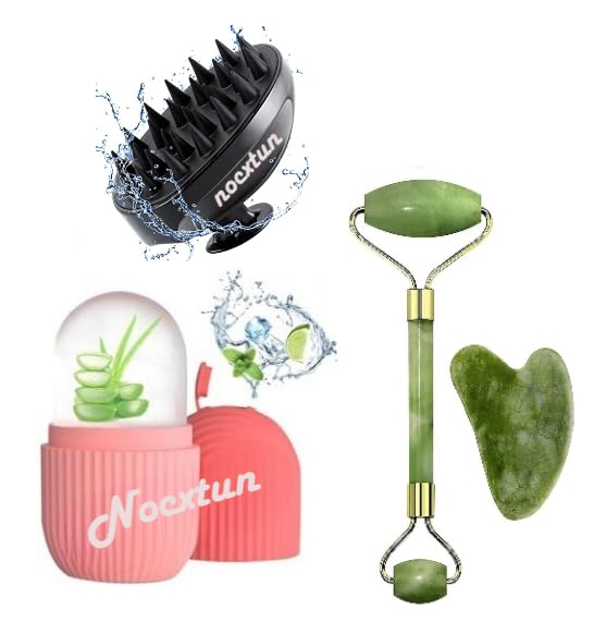 NOCXTUN Facial Massager Jade Roller & Gua Sha Tool Natural Himalayan Stone for Face Neck Healing Skin Wrinkles & Serum Application Hair Scalp & Ice Massager Combo Offer (Jade Roller, Gua Sha and Ice roller with Hair scalp Brush) Pack of 4 (B0CTMTW3Y5) Amazon Price History, Amazon Price Tracker