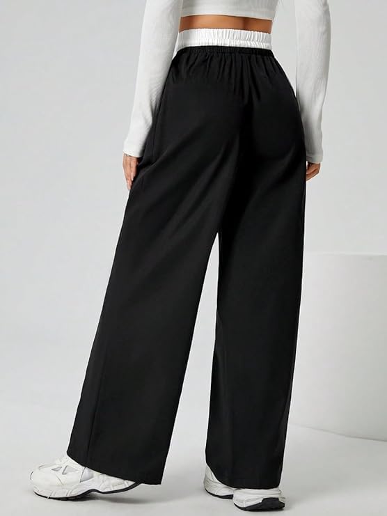 Image of You Forever Women's Wide Leg Casual Pants, High Waist Cotton Blend, Drawstring, Light Colour, Relaxed Fit