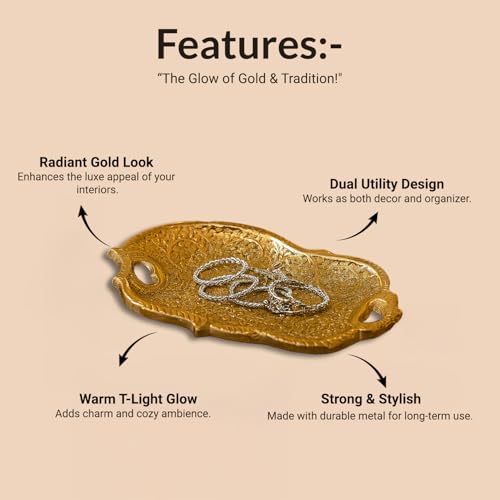 Image of MARKET 99 Golden Decorative Serving Tray | Glossy Aluminium Embossed Platter for Home Decor & Table Setting | Designer Centerpiece Tray for Dining, Coffee Table, Festive & Housewarming Gifting