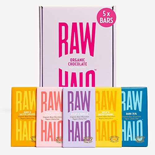 Colección Vegan Chocolate Taster – Halo crudo – Paquete de regalo de chocolate oscuro y Mylk – 5 barras de 35 g, orgánicas, lácteos y sin gluten