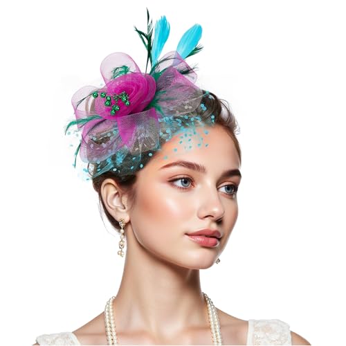 Zando Kentucky Fascinators Hats for Women 2026 Derby Tea Party Hats for Women & Girls Flower Mesh Feathers Headband Fancy Headwear Hair Clip for Wedding Church Green & Hot Pink & Blue Fascinator
