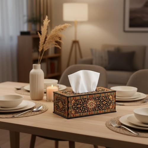 Image of Tissue Box Holder for Home Mughal Black Multicolor Printed Tissue Box Holder Premium Wooden Tissue Box Cover for Table, Office & Home Decor 6.5x5x3 Inch