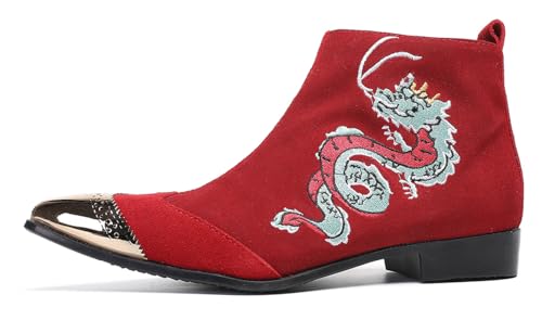 Santimon Men’s Suede Red Dress Chelsea Boots – Dragon Embroidered Pointed Toe Ankle Boots with Gold Metal Cap – Stylish Casual Cowboy Boots for Stage, Party, Festival, Clubwear2