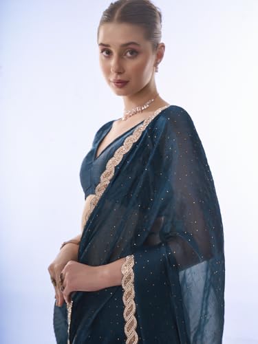 Image of ORHANS Women's Chiffon Saree with Unstitched Blouse Piece Solid Pattern and Laced Border | Lightweight Sarees for Woman | Plain Saris Daily Use | Womens Saree Modern Pattern| Stylish Saree