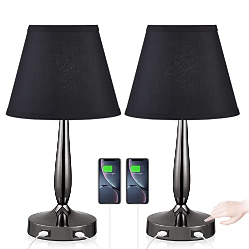 Touch Control Table Lamps Set of 2, Ziisee 3 Way Dimmable Modern Bedside Lamps with Dual USB Charging Ports, 17'' Black Fabric Shade Nightstand Lamps for Bedroom, Living Room(LED Bulbs Included)